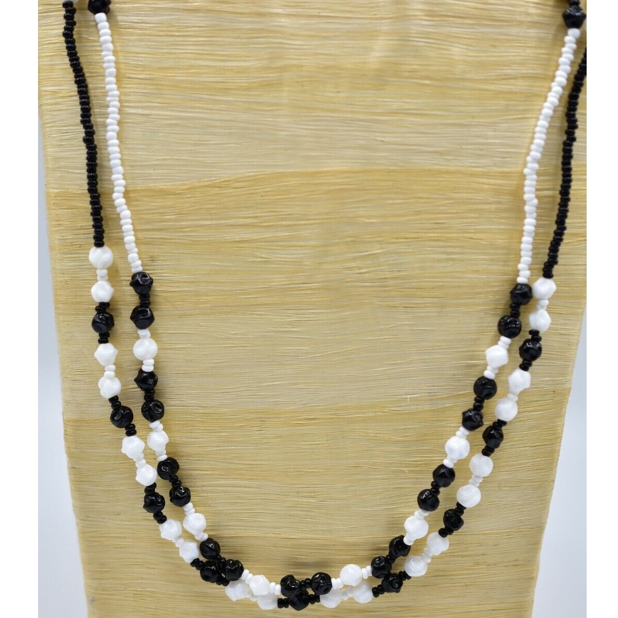 Miriam Haskell Vintage Beaded Necklace Strand Black White Double Signed Bin3